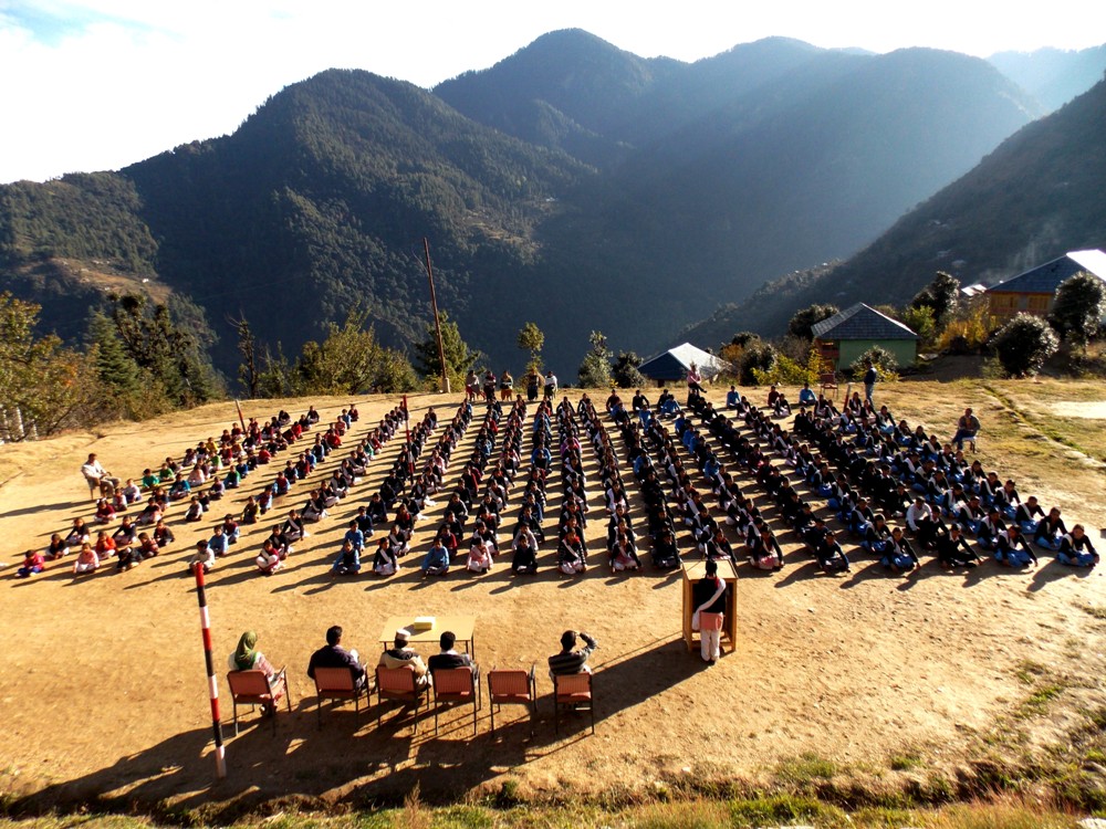 REMOTE AREA SCHOOL SHOWING DISCIPLINED MORNING ASSEMBLY